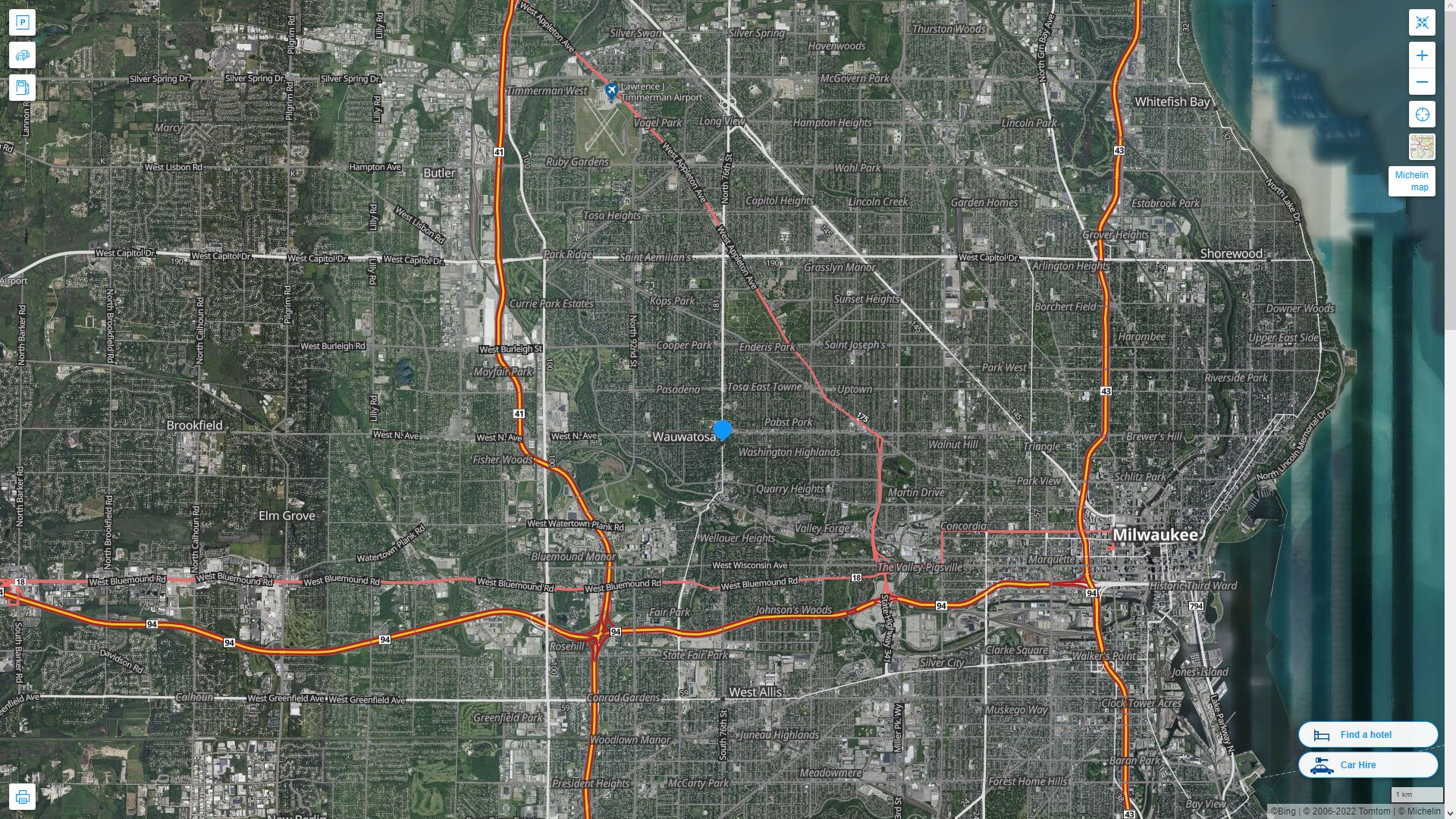 Wauwatosa Wisconsin Highway and Road Map with Satellite View